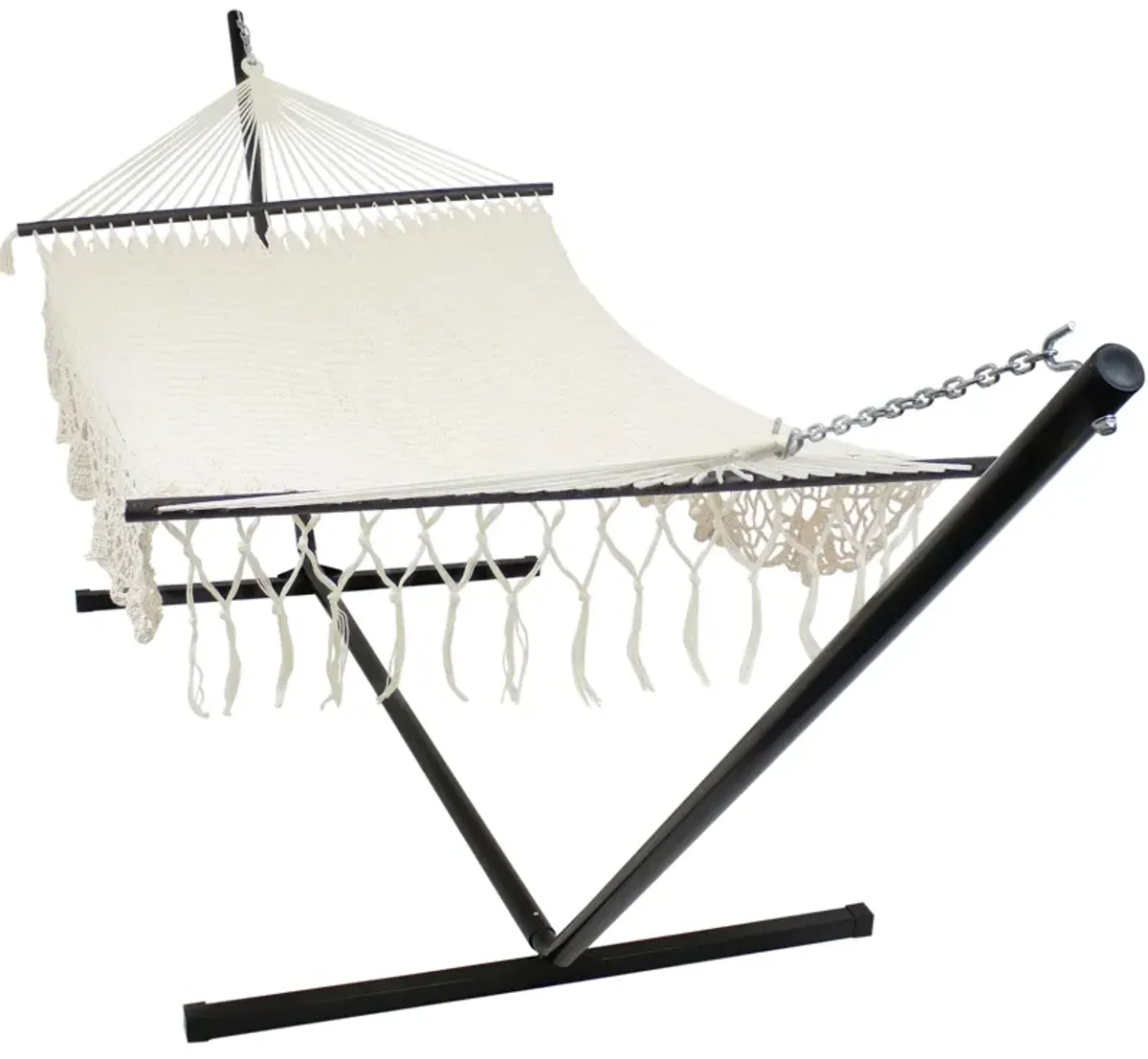 Sunnydaze 2-Person Cotton/Nylon Hammock with Steel Stand and Fringe