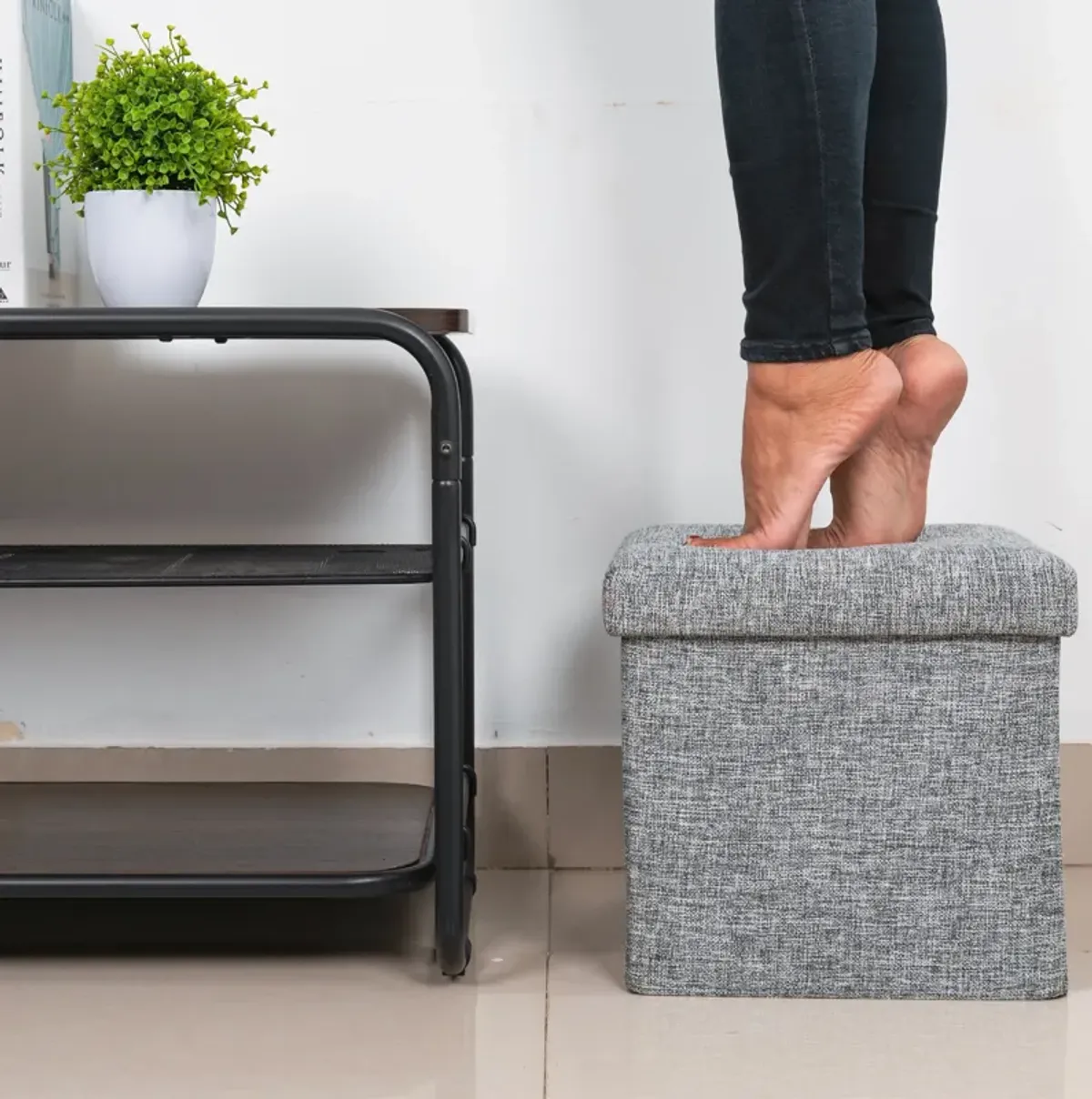 Medium Decorative Grey Foldable Cube Ottoman Stools for Living Room, Bedroom, Dining, Playroom or Office