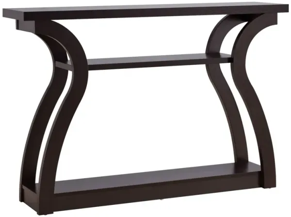Jane 47 Inch Modern Curved Console Sofa Table, 2 Shelves, Wood, Red Cocoa-Benzara