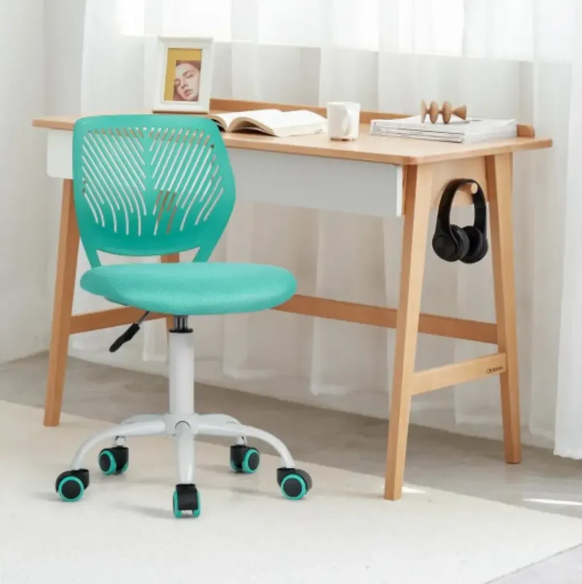 Adjustable Office Task Desk Armless Chair-Turquoise