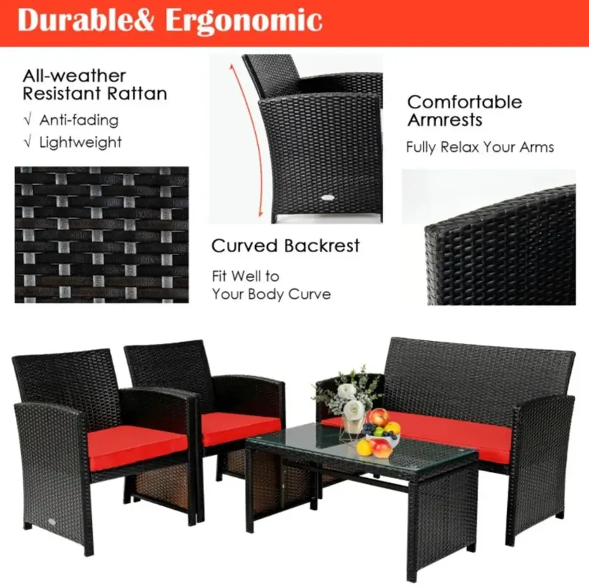 Hivvago 4 Pieces Patio Rattan Cushioned Furniture Set