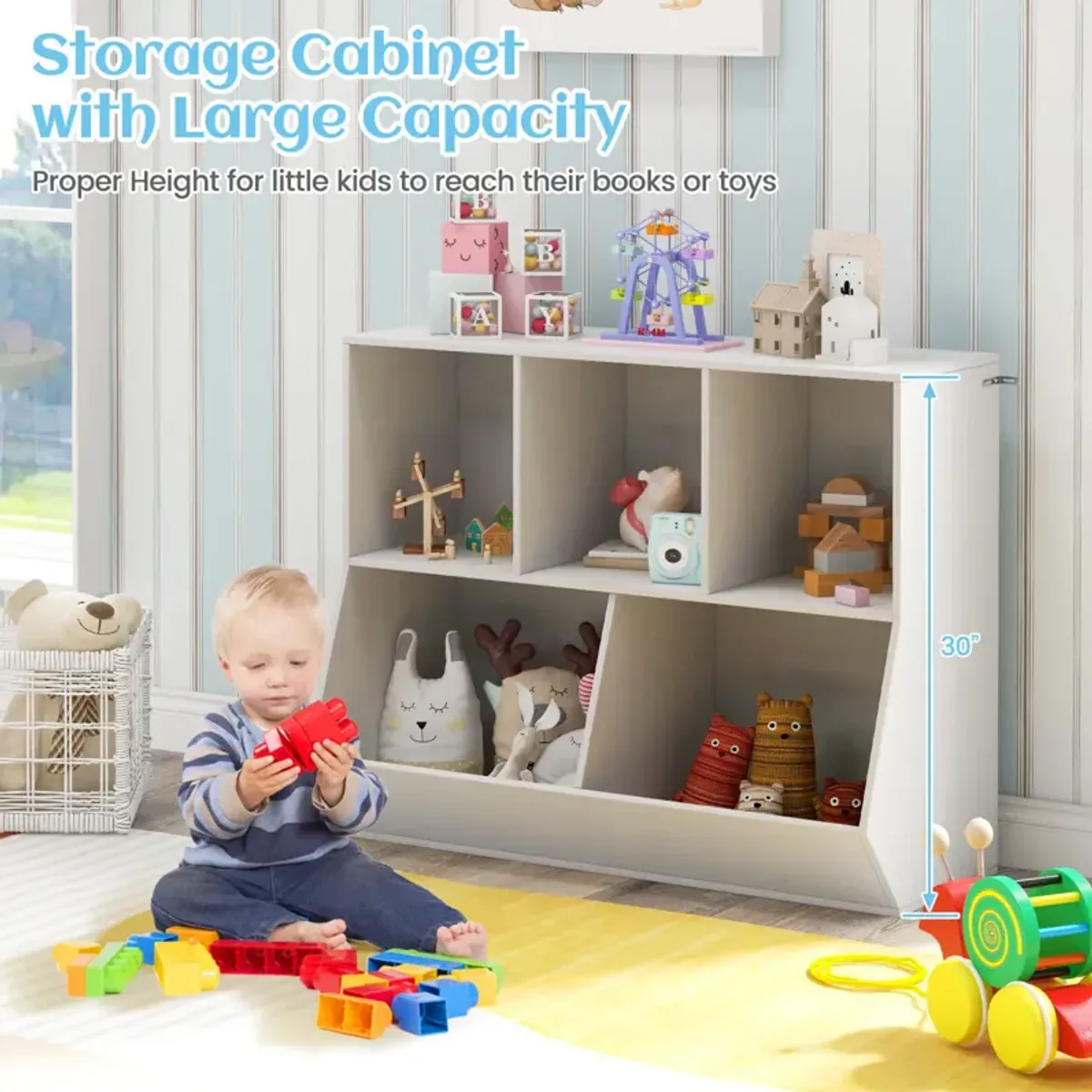 5-Cube Wooden Kids Toy Storage Organizer with Anti-Tipping Kits-White