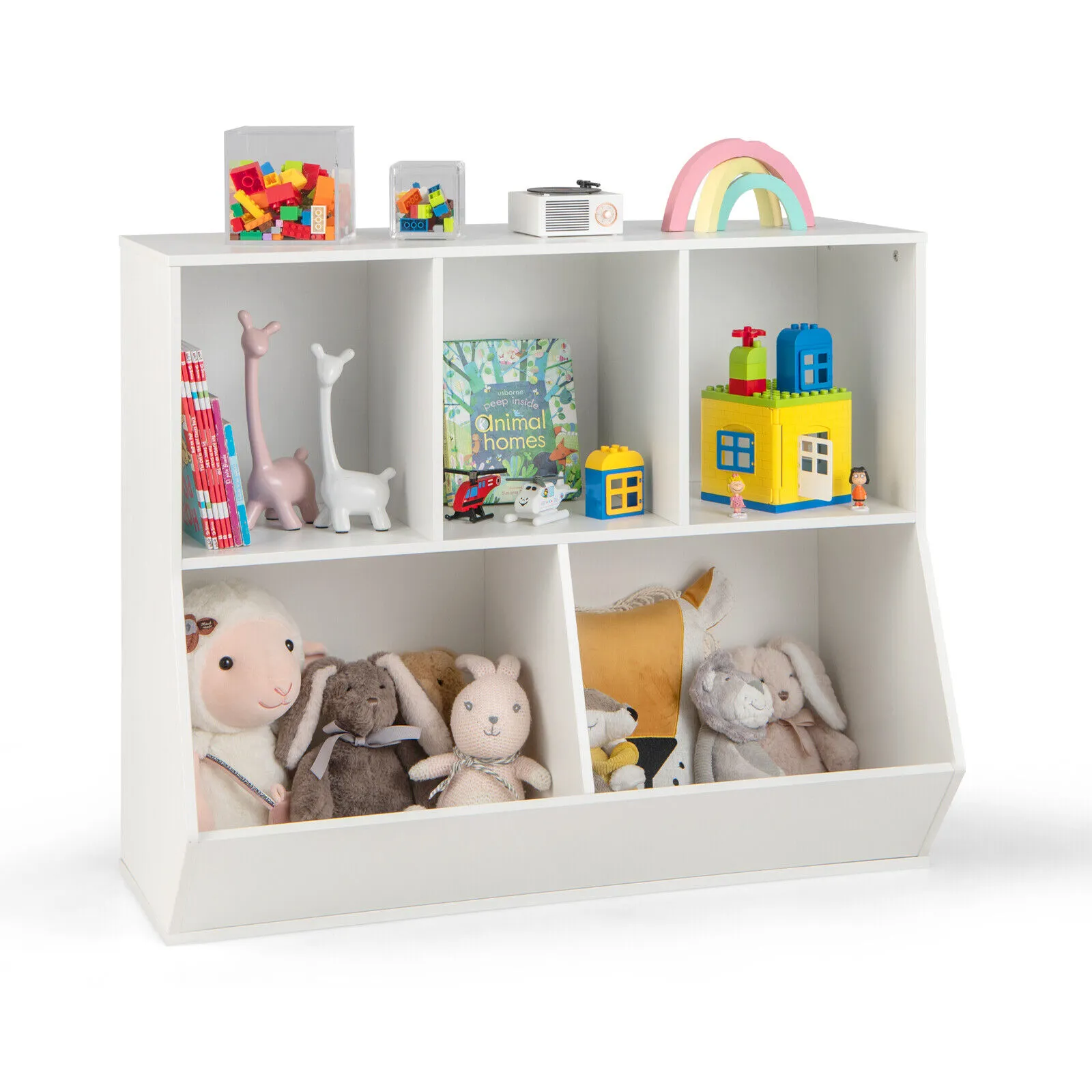 5-Cube Wooden Kids Toy Storage Organizer with Anti-Tipping Kits-White