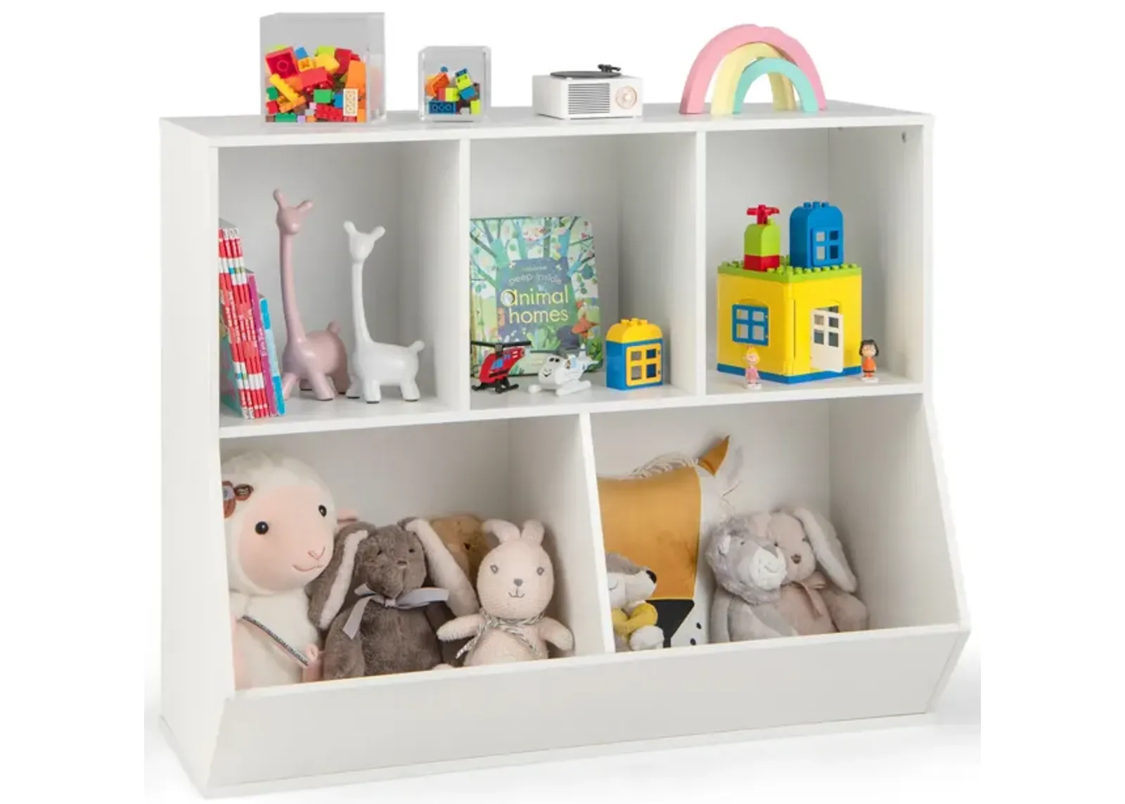 5-Cube Wooden Kids Toy Storage Organizer with Anti-Tipping Kits-White