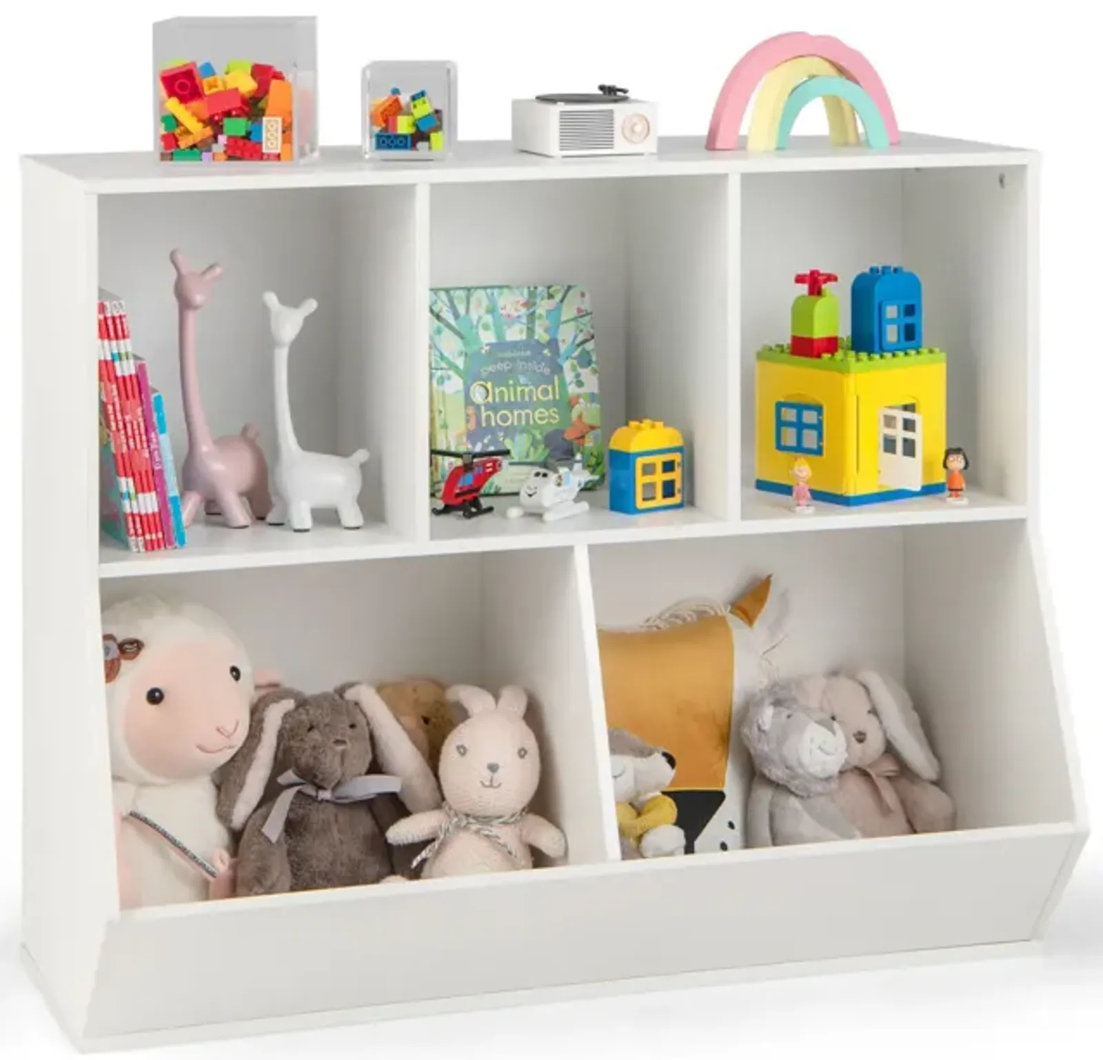 5-Cube Wooden Kids Toy Storage Organizer with Anti-Tipping Kits-White