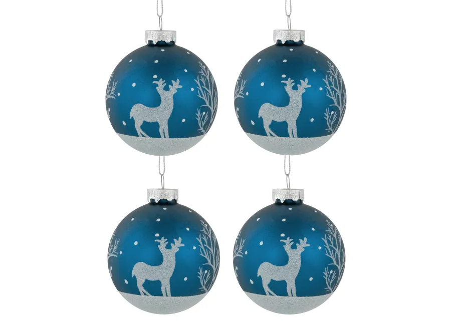 4ct Blue Glass Ball Christmas Ornaments with Glitter Reindeer 3"