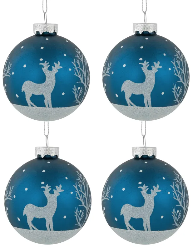 4ct Blue Glass Ball Christmas Ornaments with Glitter Reindeer 3"