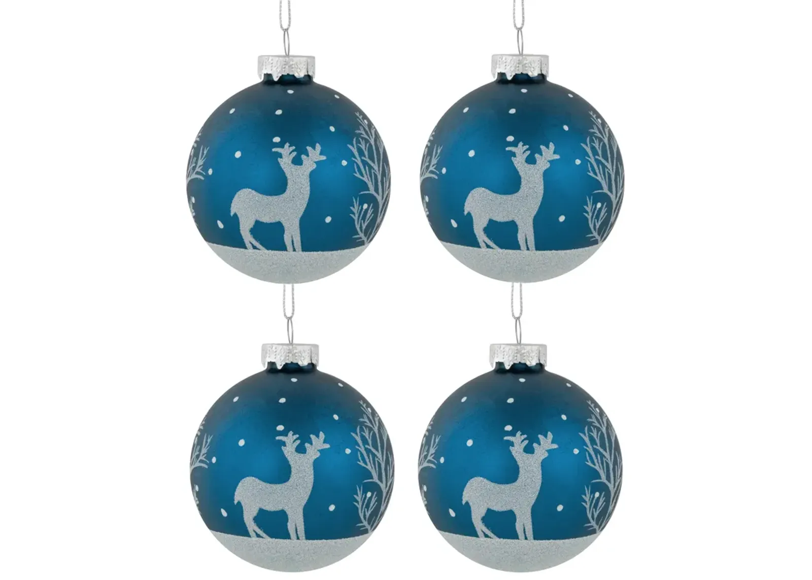 4ct Blue Glass Ball Christmas Ornaments with Glitter Reindeer 3"