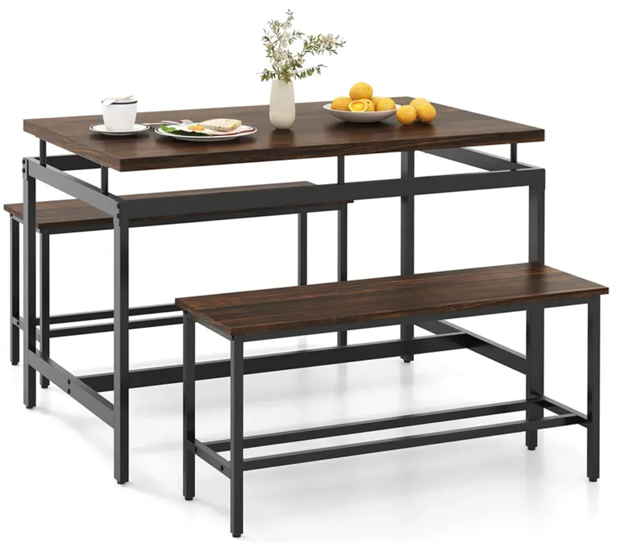 3 Pieces Dining Table Set with Wooden Kitchen Table and 2 Benches-Brown