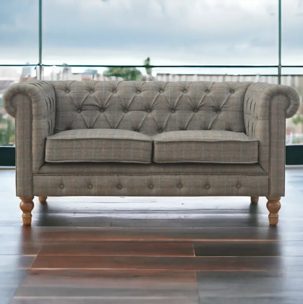 Multi Tweed 2 Seater Chesterfield Sofa Solid Wood