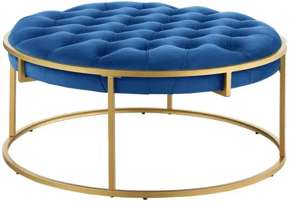 Conmara Velvet Round Accent Ottoman Navy Blue, Gold