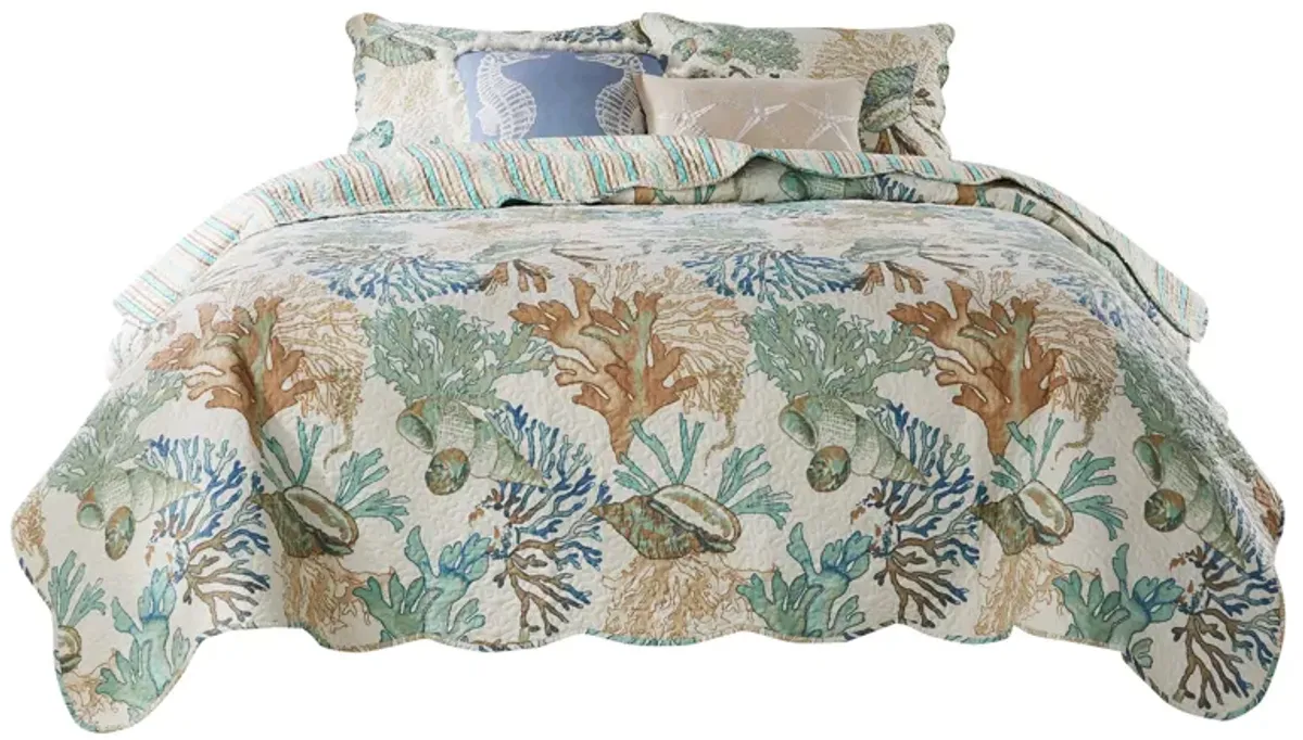 Wade 3pc Full/Queen Quilt Set with Sham, Jade Blue Coastal Microfiber