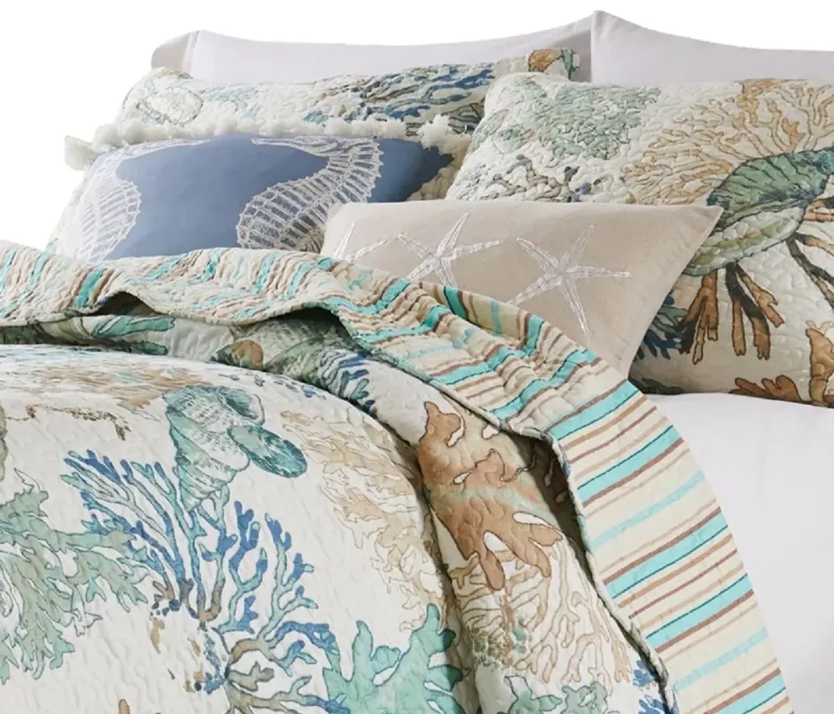 Wade 3pc Full/Queen Quilt Set with Sham, Jade Blue Coastal Microfiber