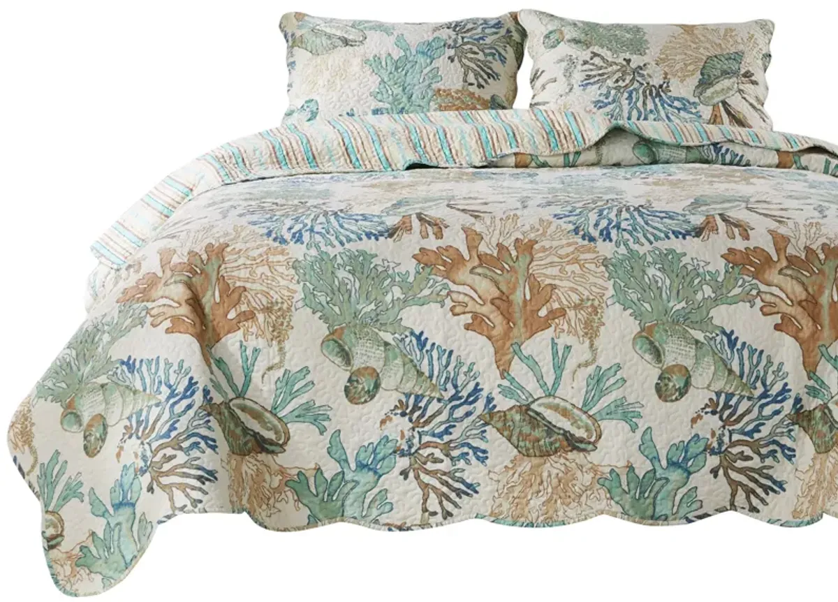 Wade 3pc Full/Queen Quilt Set with Sham, Jade Blue Coastal Microfiber