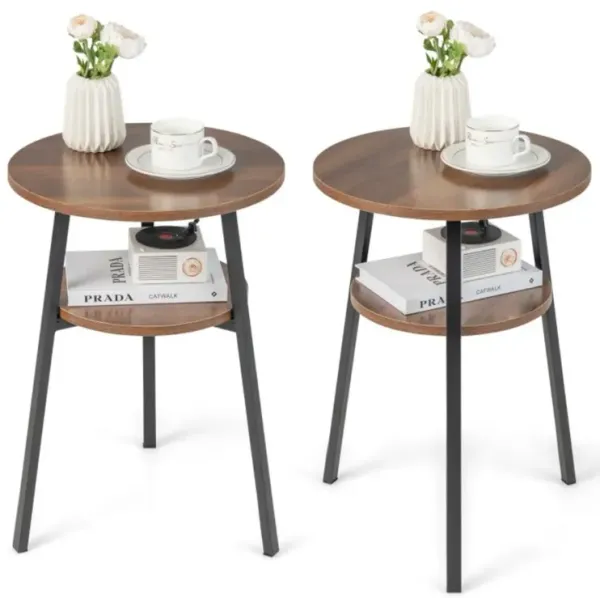 Hivvago 2-Tier Round End Table Set of 2 with Open Shelf and Triangular Metal Frame