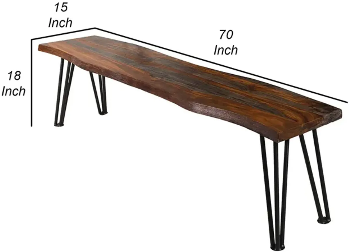 Moka 70 Inch Dining Bench, Live Edge Gray Sheesham Wood, Metal Hairpin Legs - Benzara