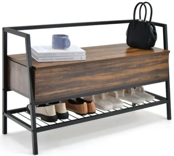 Hivvago Industrial Shoe Bench with Storage Space and Metal Handrail