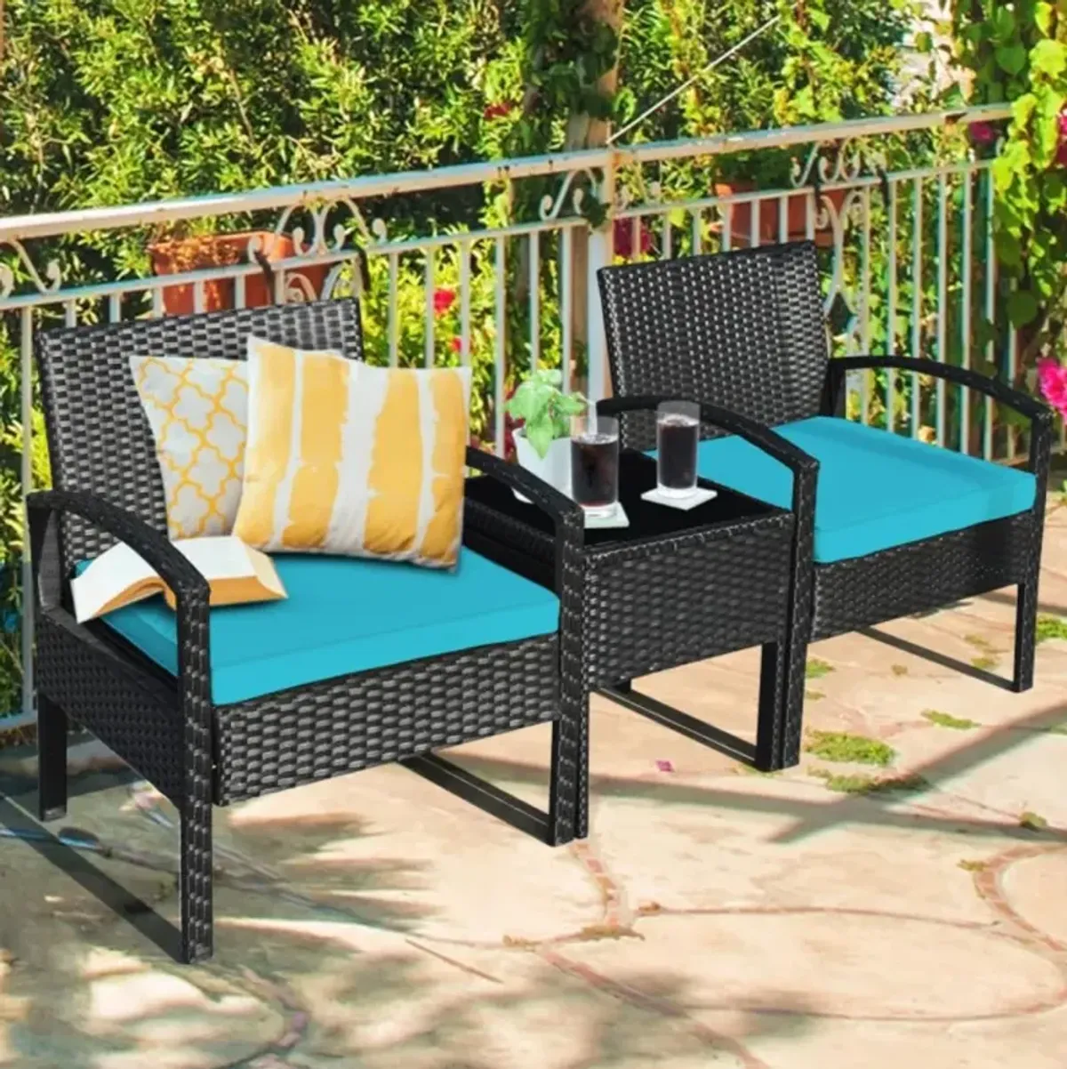 Hivvago Hivvago 3 Pieces Outdoor Rattan Patio Conversation Set with Seat Cushions