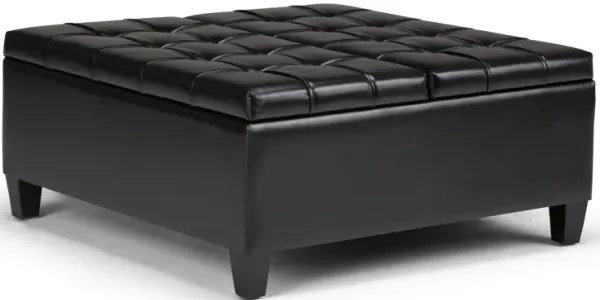 Harrison 36 inch Wide Transitional Square Coffee Table Storage Ottoman in Midnight Black Faux Leather