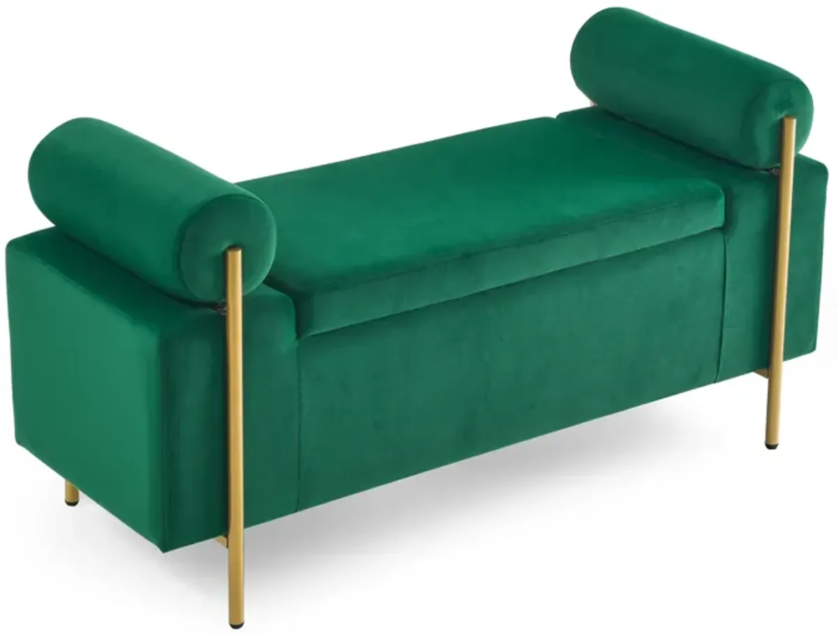 Hivvago Elegant Upholstered Linen Storage Bench with Cylindrical Arms and Iron Legs