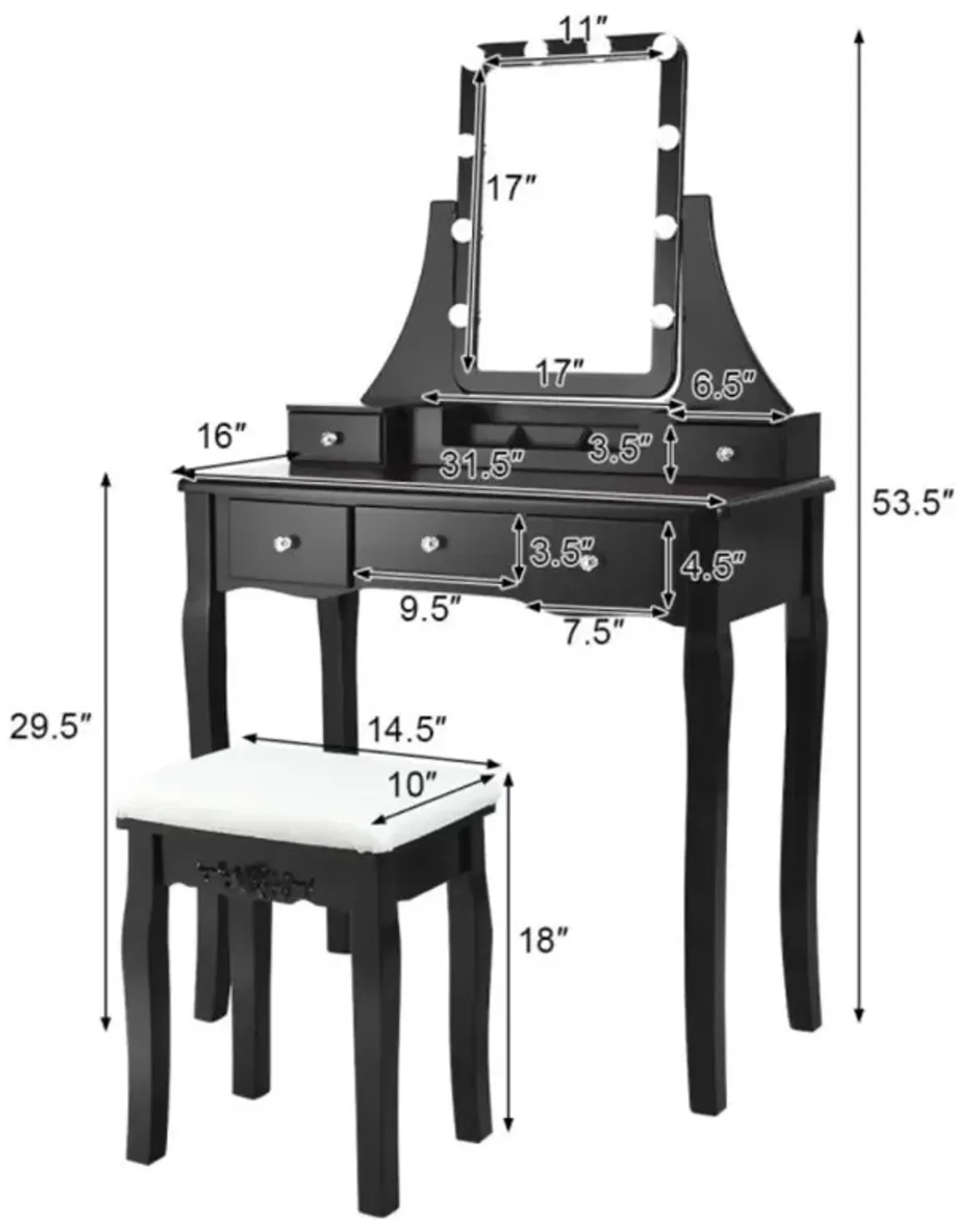 Hivvago 10 Dimmable Light Bulbs Vanity Dressing Table with 2 Dividers and Cushioned Stool-Black