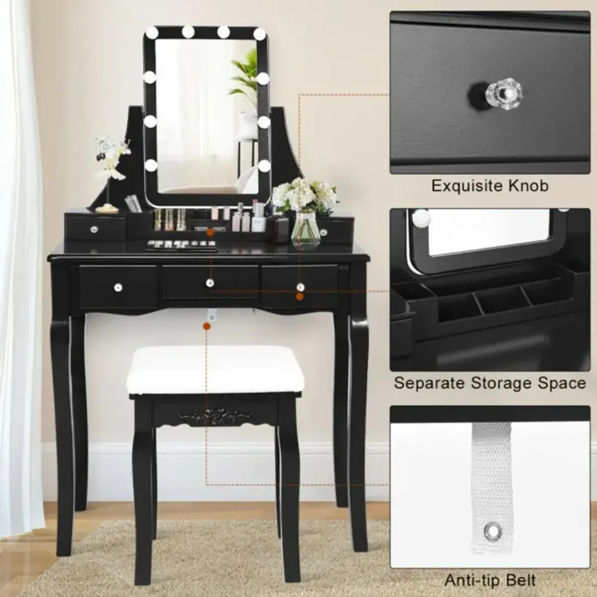 Hivvago 10 Dimmable Light Bulbs Vanity Dressing Table with 2 Dividers and Cushioned Stool-Black