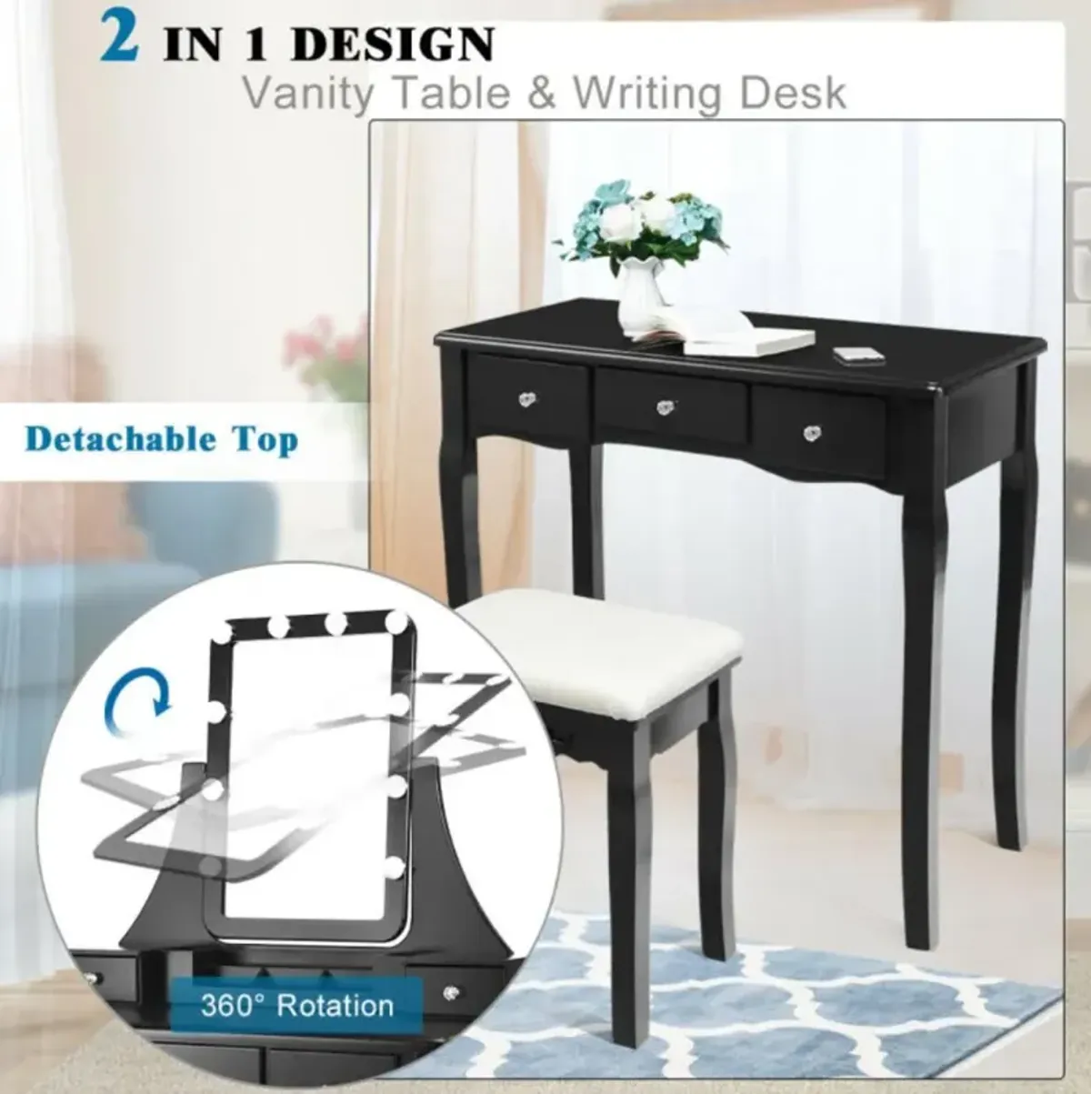 Hivvago 10 Dimmable Light Bulbs Vanity Dressing Table with 2 Dividers and Cushioned Stool-Black