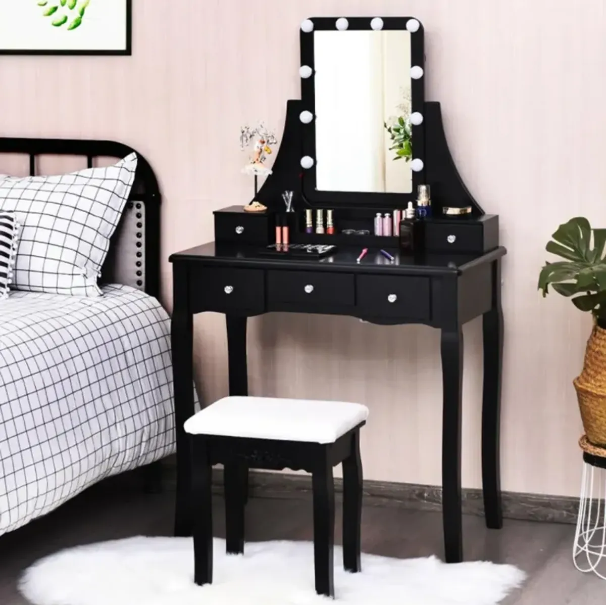 Hivvago 10 Dimmable Light Bulbs Vanity Dressing Table with 2 Dividers and Cushioned Stool-Black