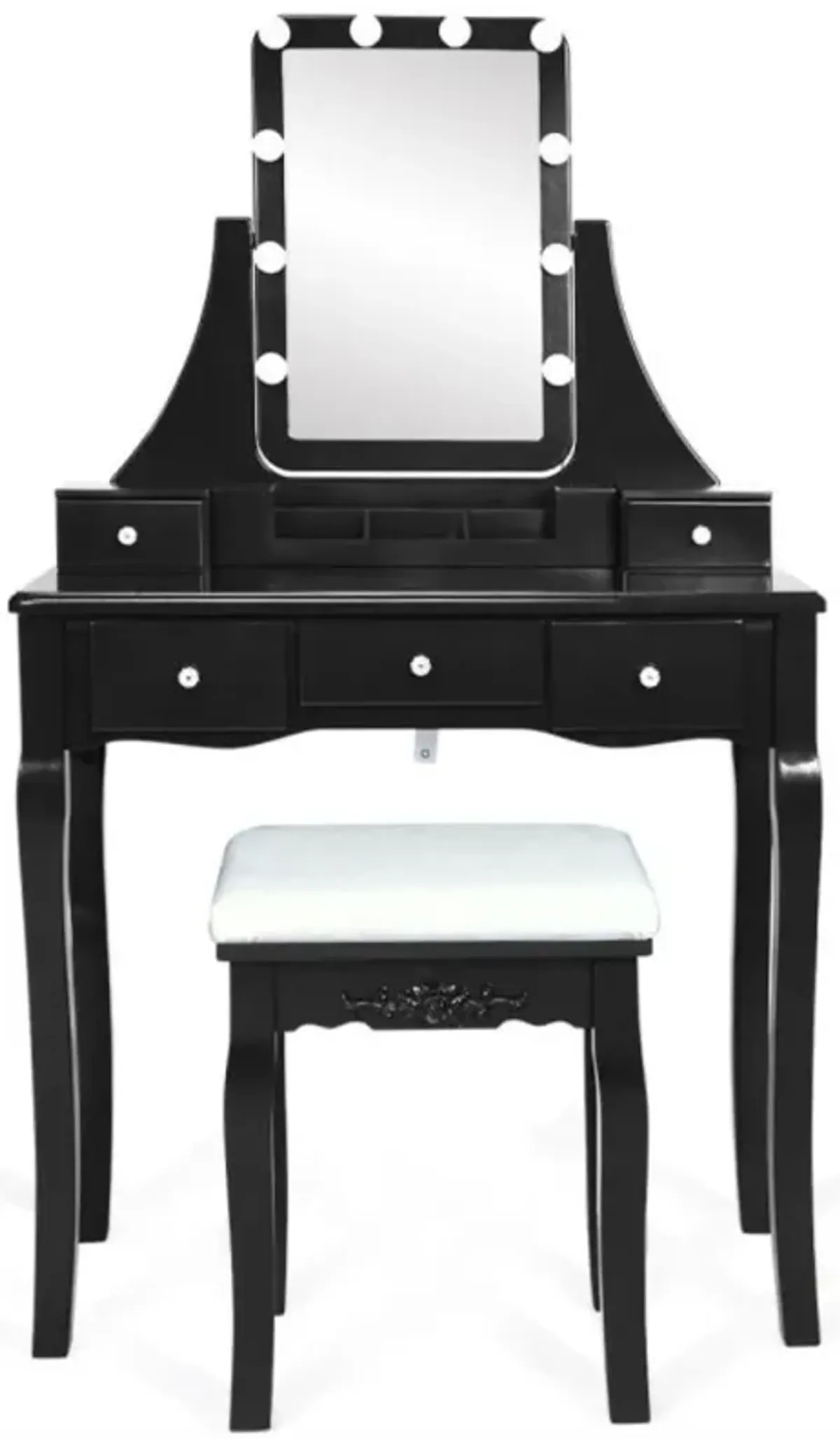 Hivvago 10 Dimmable Light Bulbs Vanity Dressing Table with 2 Dividers and Cushioned Stool-Black