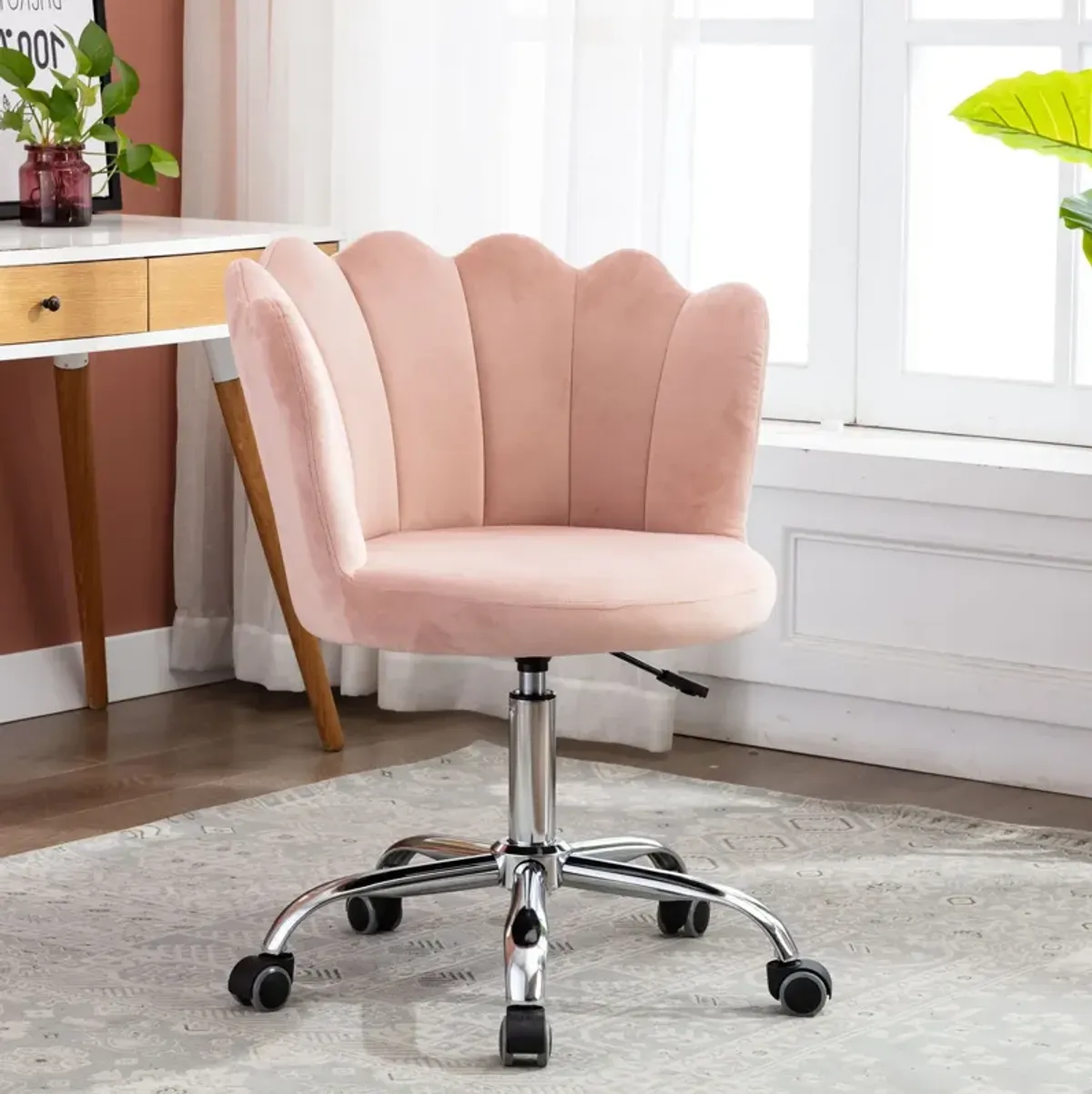 MONDAWE Modern Cute Shell Back Upholstered Velvet Desk Chair for Vanity, Adjustable Swivel Task Chair with Silver Base for Office