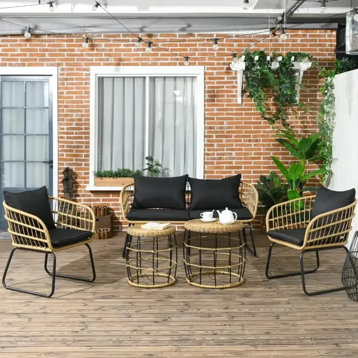 5 Piece PE Rattan Outdoor Furniture Set with Cushioned Chairs & Loveseat Sofa, Patio Sectional Furniture Set, Conversat