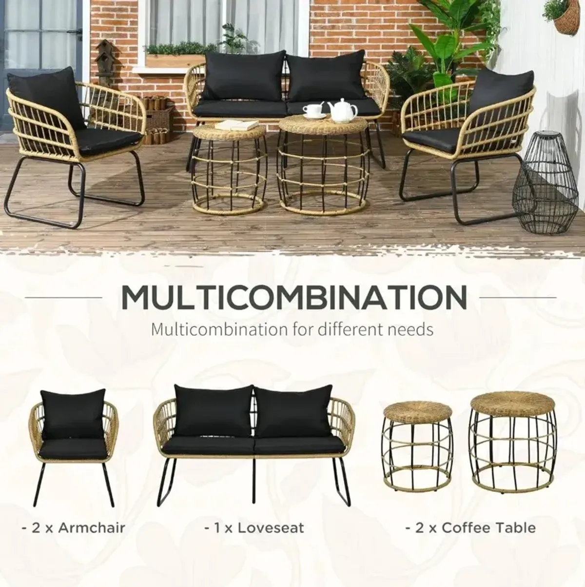 5 Piece PE Rattan Outdoor Furniture Set with Cushioned Chairs & Loveseat Sofa, Patio Sectional Furniture Set, Conversat