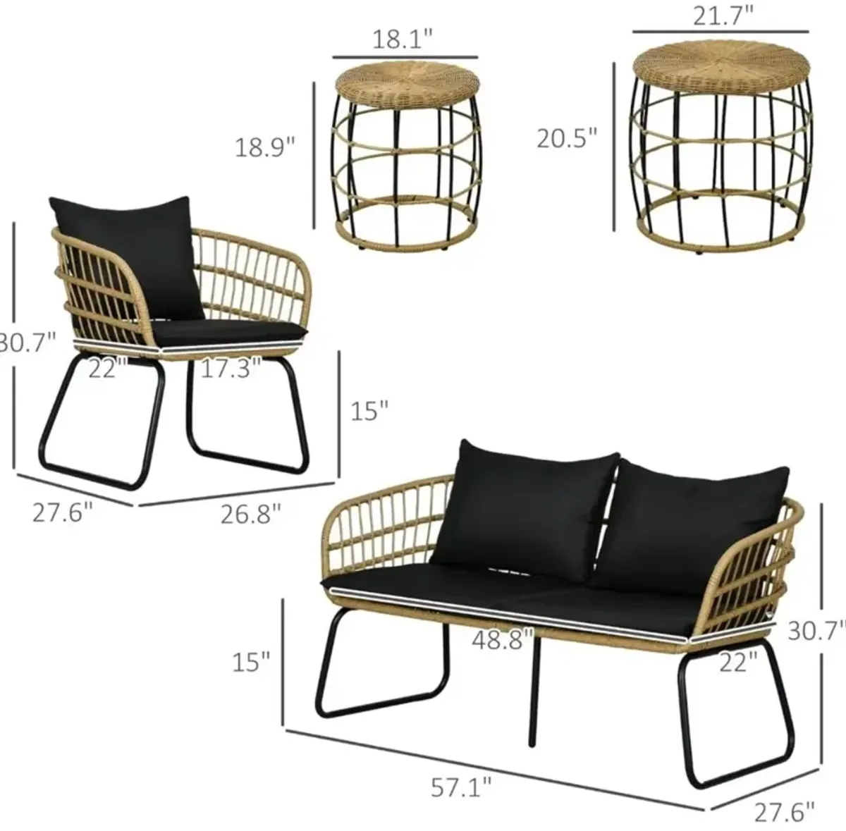 5 Piece PE Rattan Outdoor Furniture Set with Cushioned Chairs & Loveseat Sofa, Patio Sectional Furniture Set, Conversat