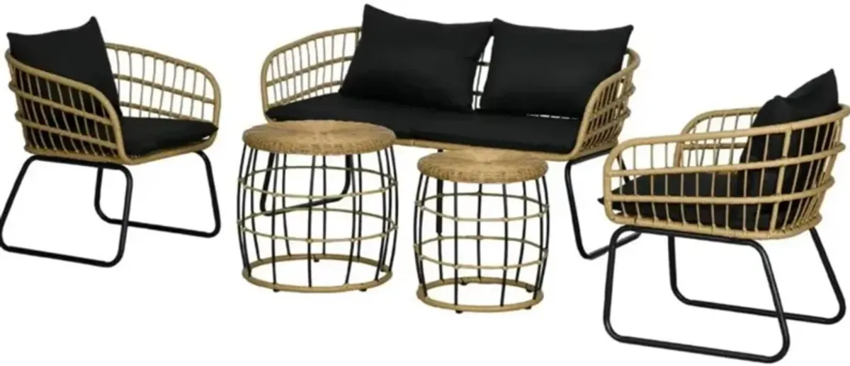 5 Piece PE Rattan Outdoor Furniture Set with Cushioned Chairs & Loveseat Sofa, Patio Sectional Furniture Set, Conversat