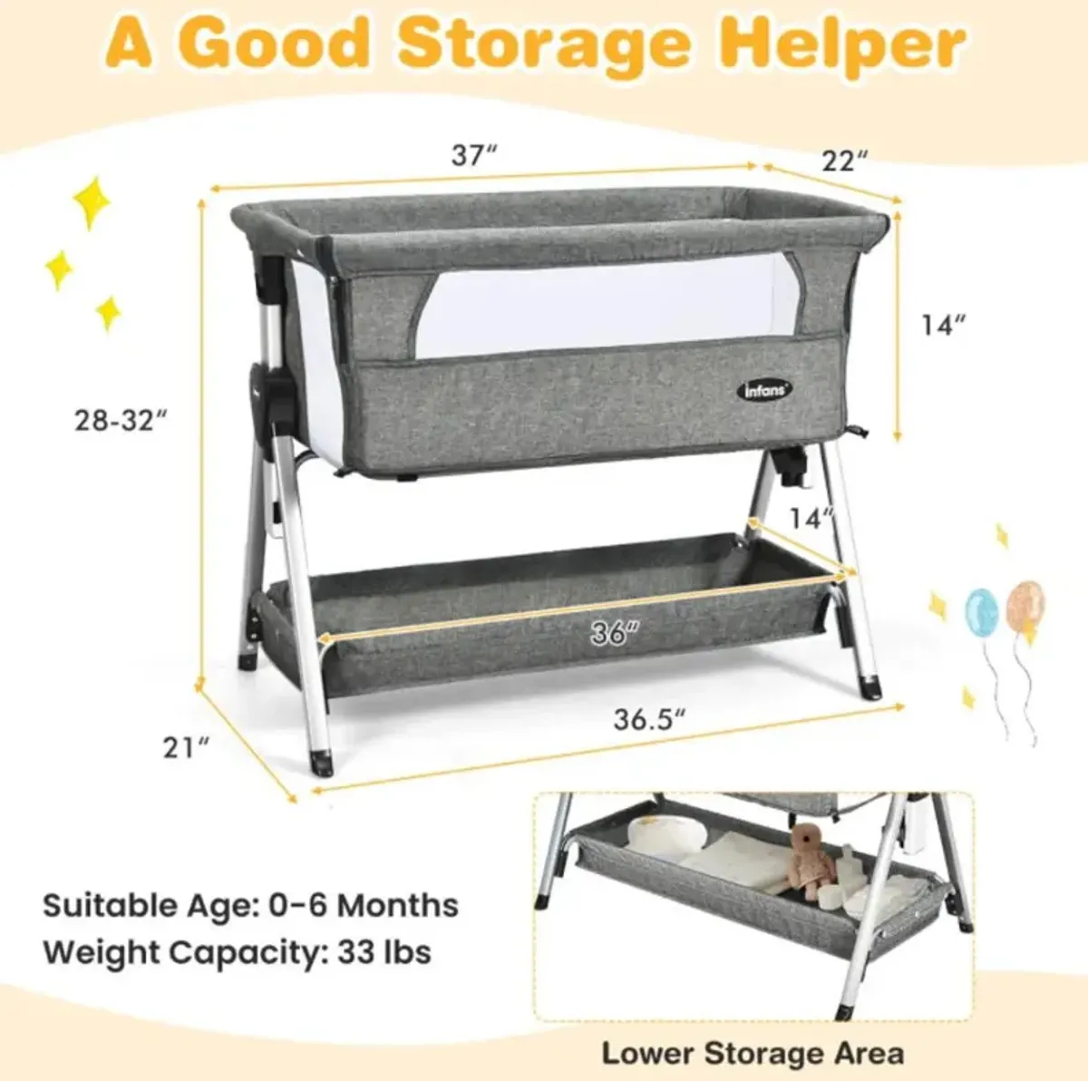 Hivvago Adjustable Baby Bedside Crib with Large Storage