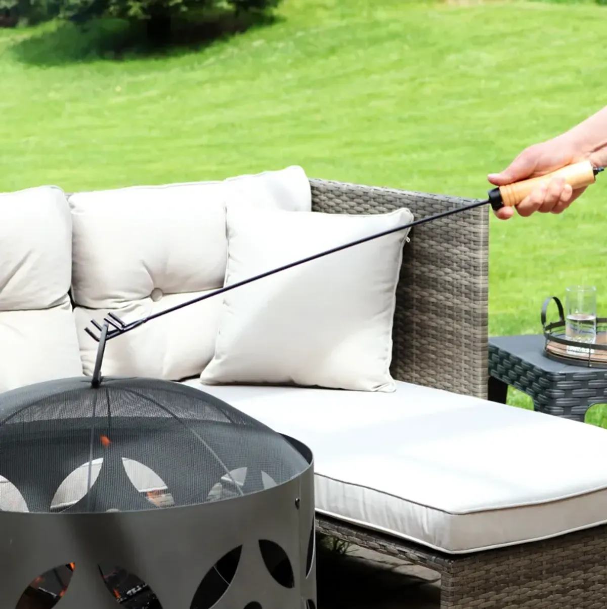 Sunnydaze 26 in Steel Outdoor Fire Pit Poker with Hook and Wooden Handle