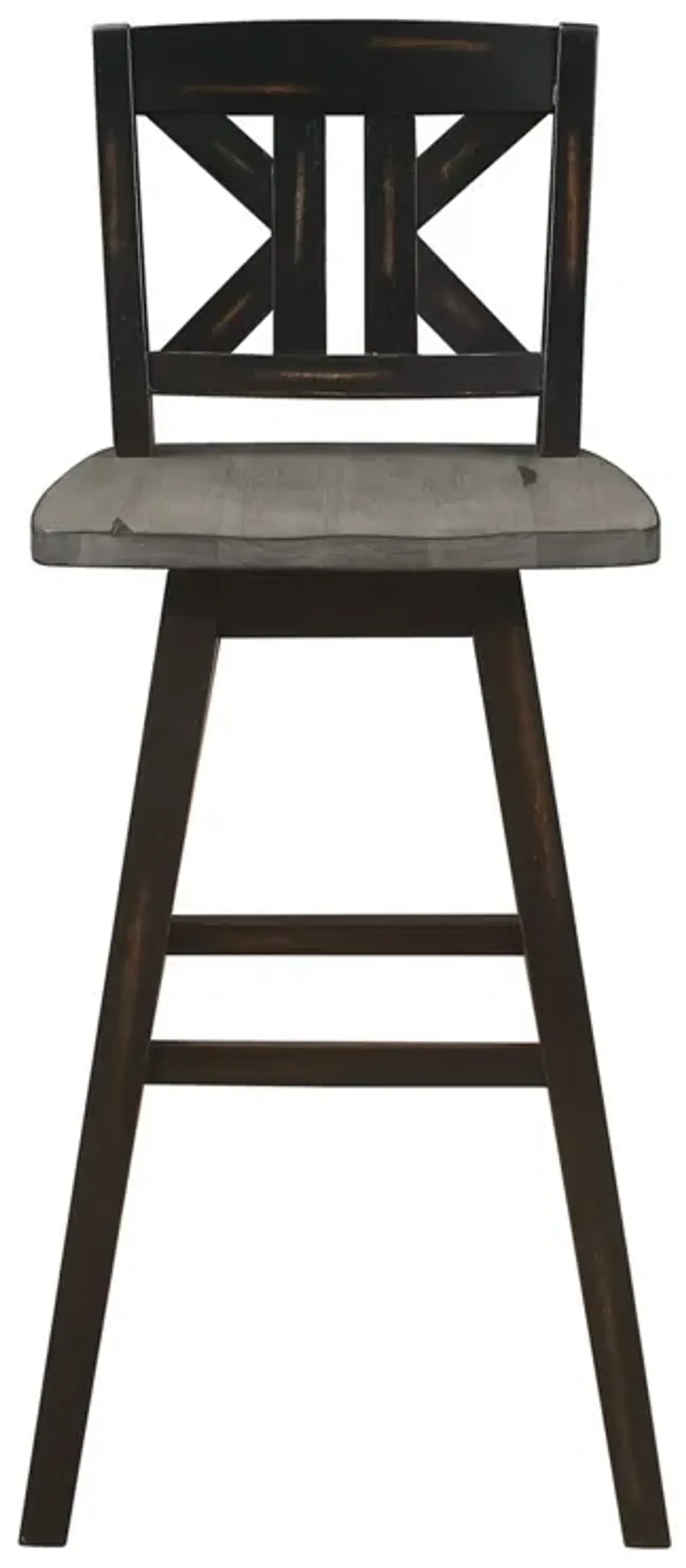 Ati 29 Inch Bar Height Stool Swivel Chairs Set of 2, X Back, Distressed Gray, Black - Benzara