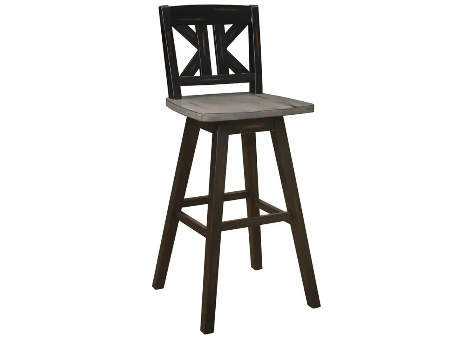 Ati 29 Inch Bar Height Stool Swivel Chairs Set of 2, X Back, Distressed Gray, Black - Benzara