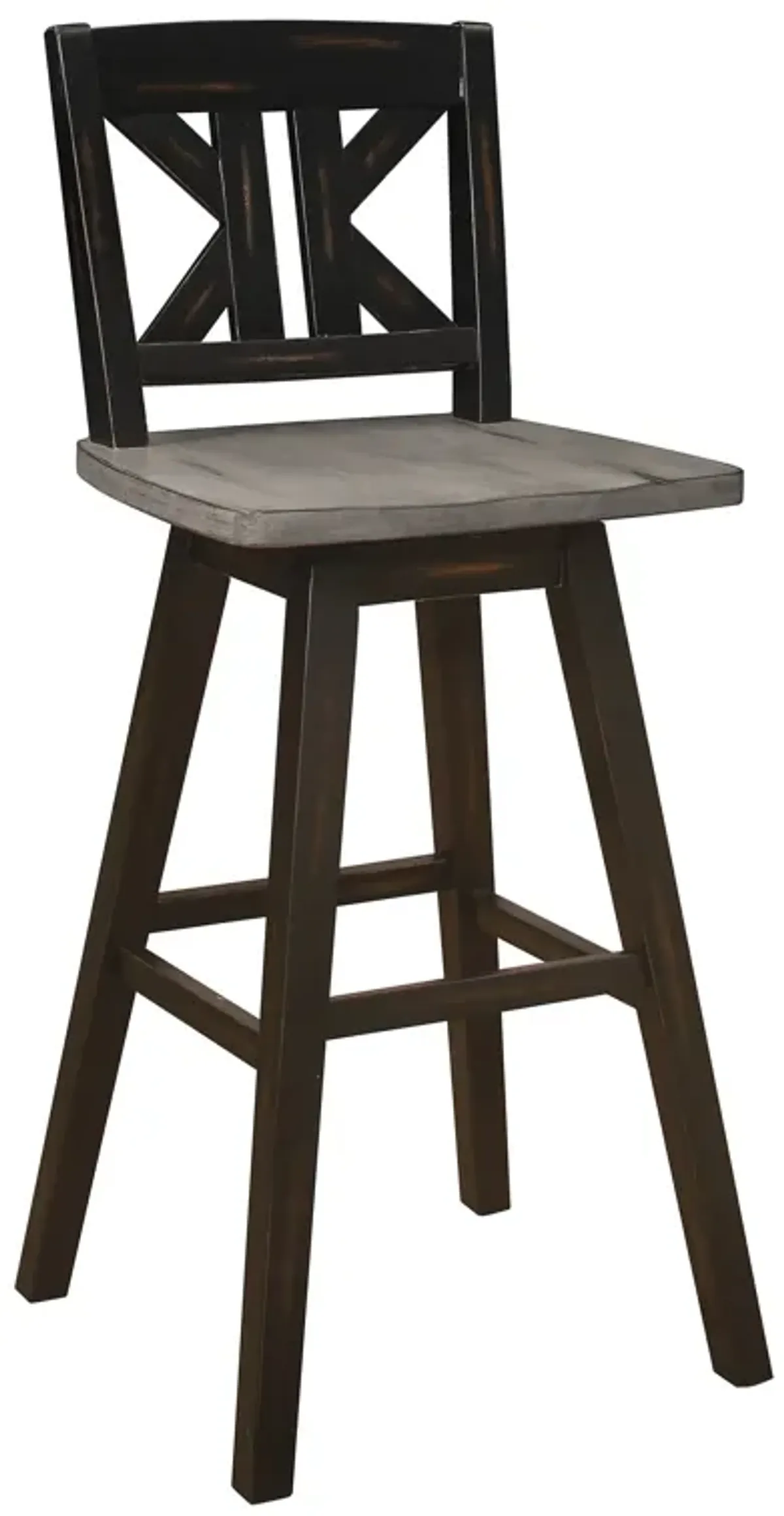 Ati 29 Inch Bar Height Stool Swivel Chairs Set of 2, X Back, Distressed Gray, Black - Benzara