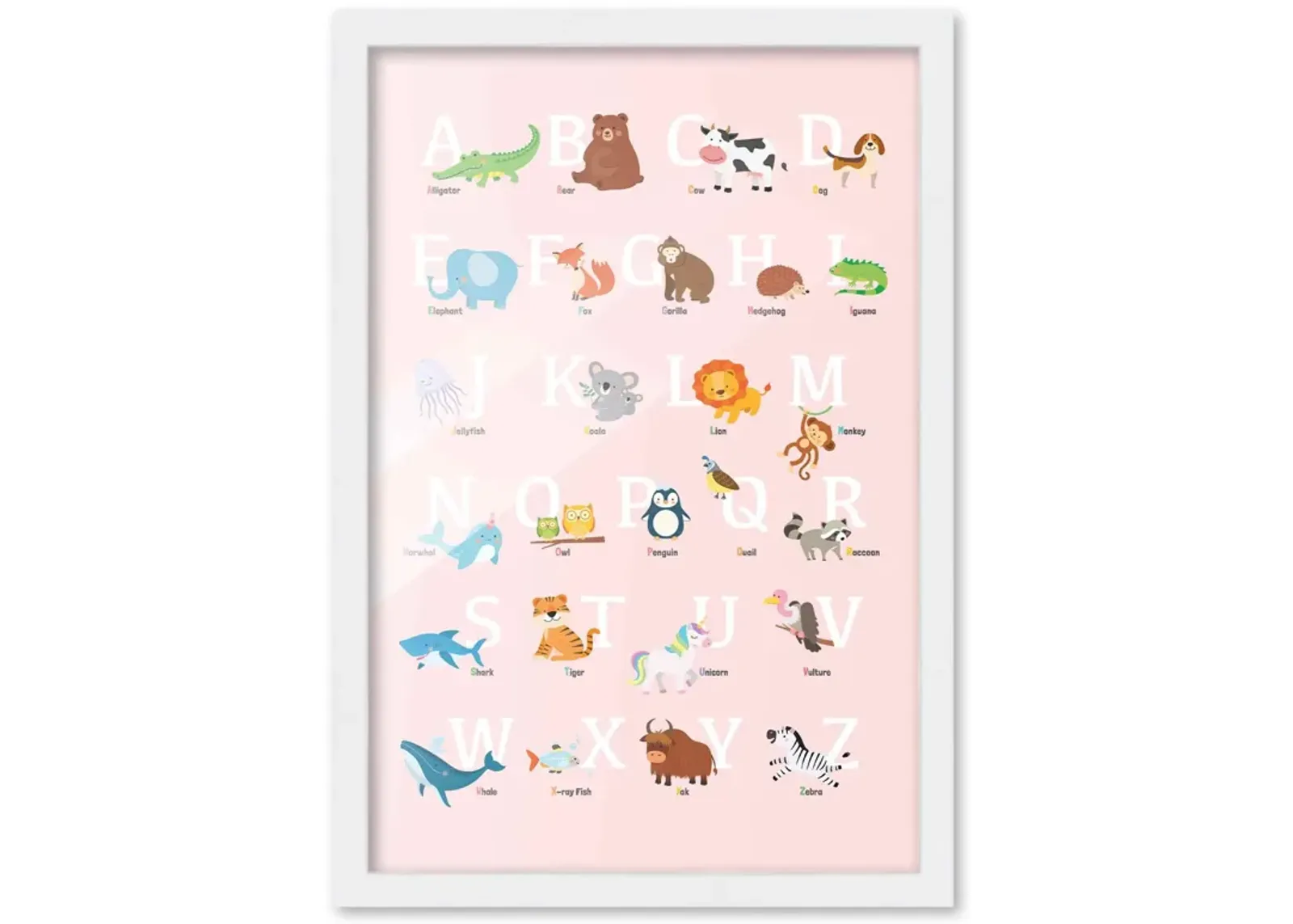 12x18 Framed Nursery Wall Art Pink Animal ABC Poster In White Wood Frame For Kid Bedroom or Playroom