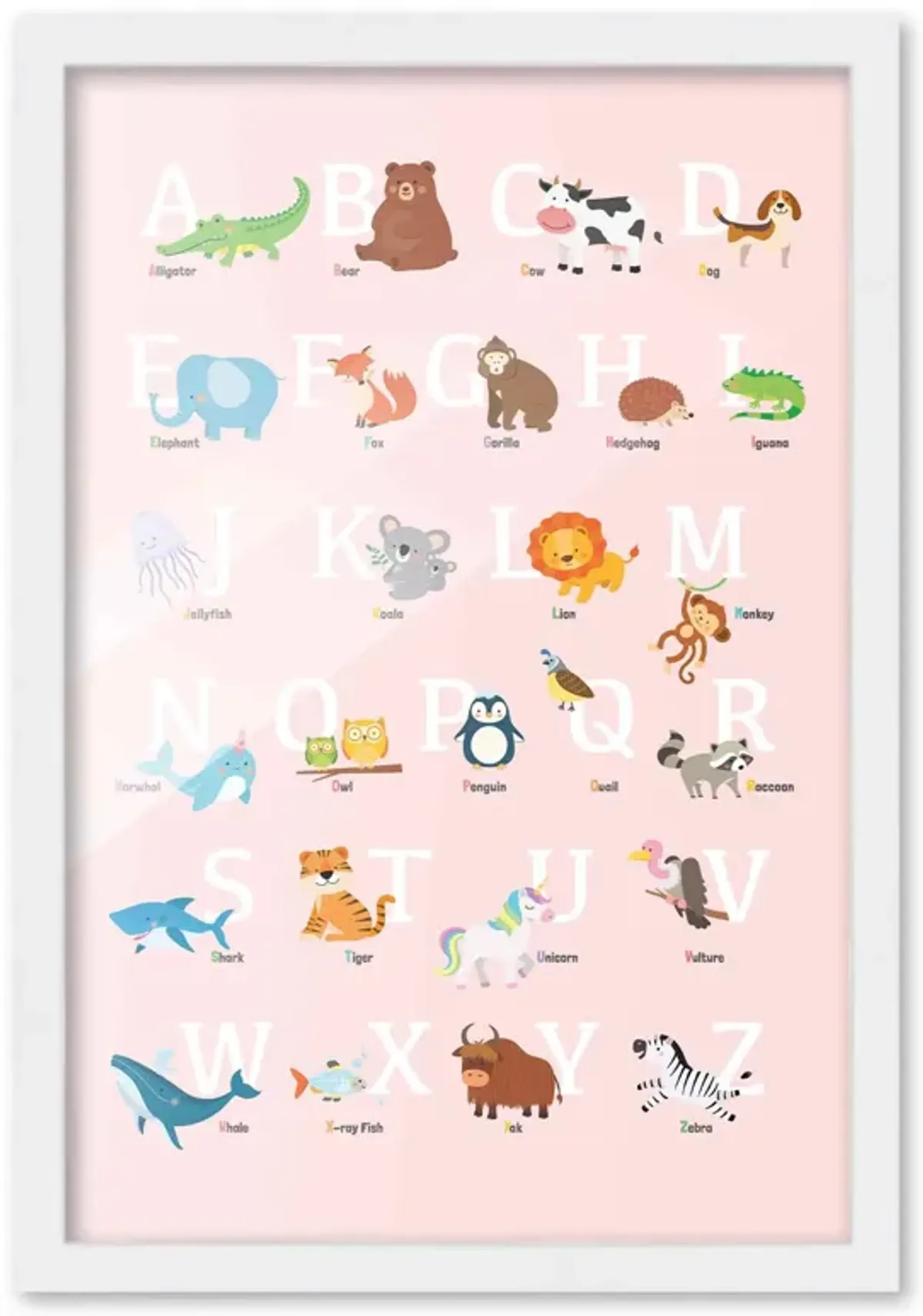 12x18 Framed Nursery Wall Art Pink Animal ABC Poster In White Wood Frame For Kid Bedroom or Playroom