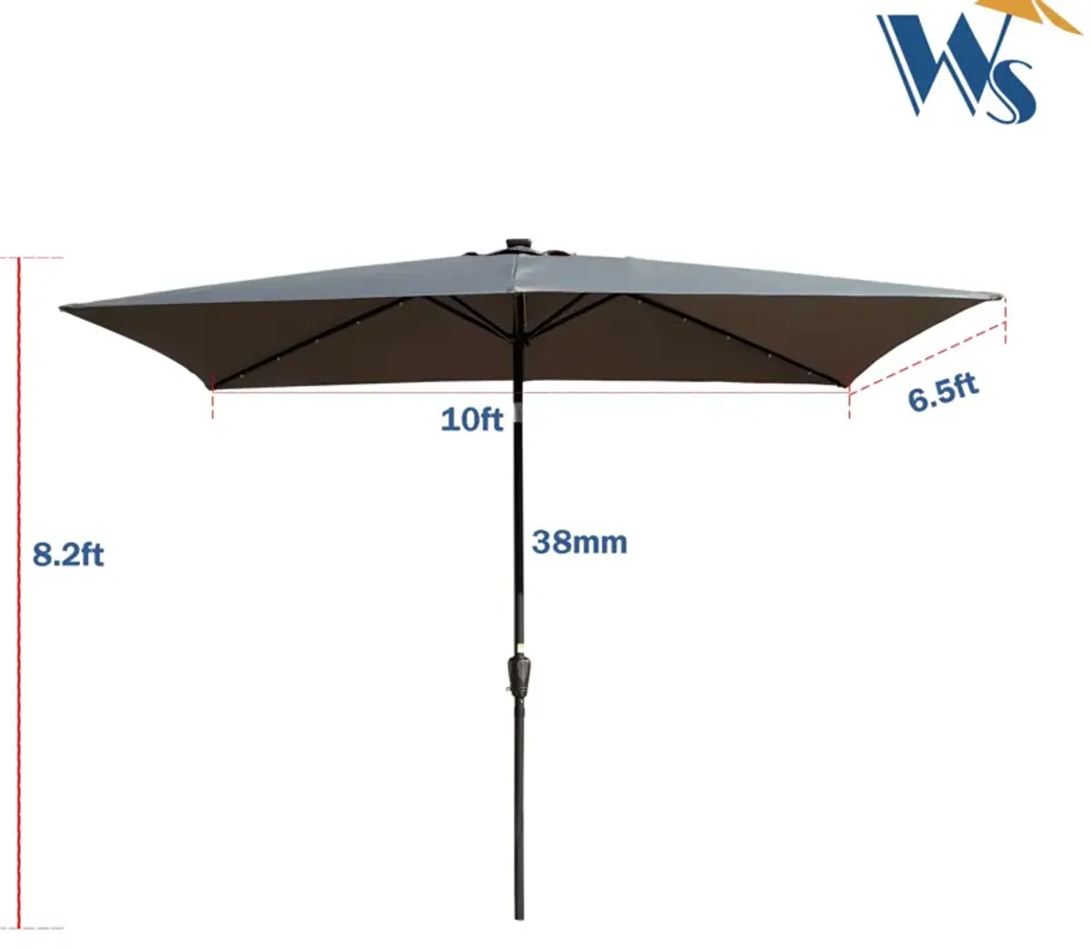 10 X 6.5FT Rectangular Patio Solar LED Lighted Outdoor Umbrellas With Crank And Push Button