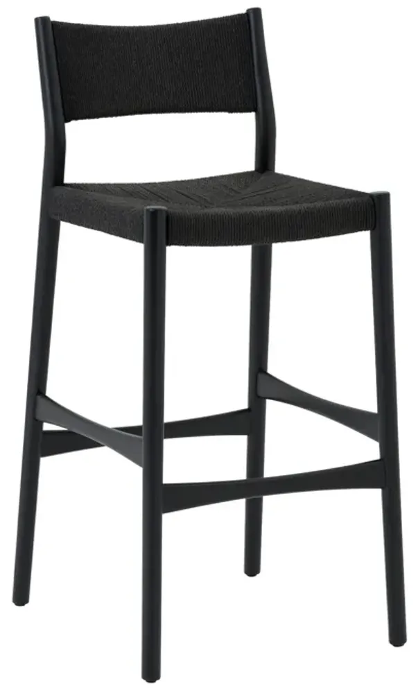 Rie Counter Stool Chair, Danish Inspired Panel Back, Black Woven Paper Cord - Benzara