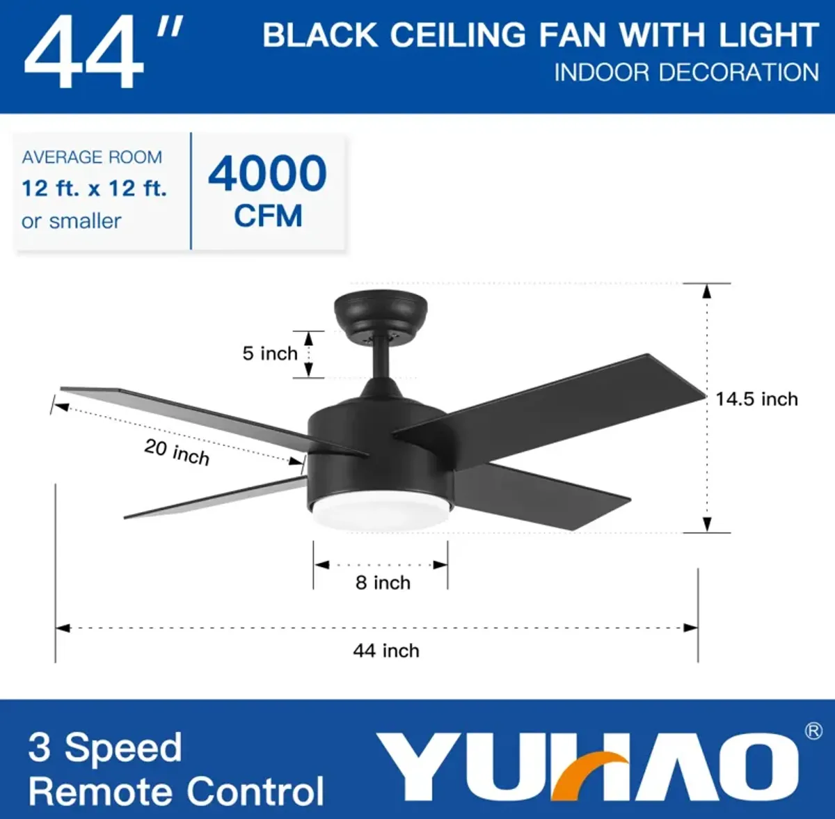 44 In Intergrated LED Ceiling Fan With Black Abs Blade