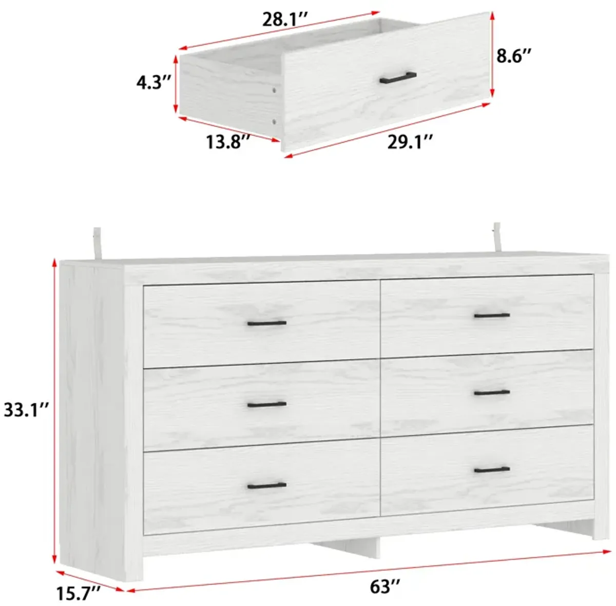 FUFU&GAGA Modern 6-Drawer Dresser for Bedroom Storage, (63" W x 15.7" D x 33.1" H),Brown