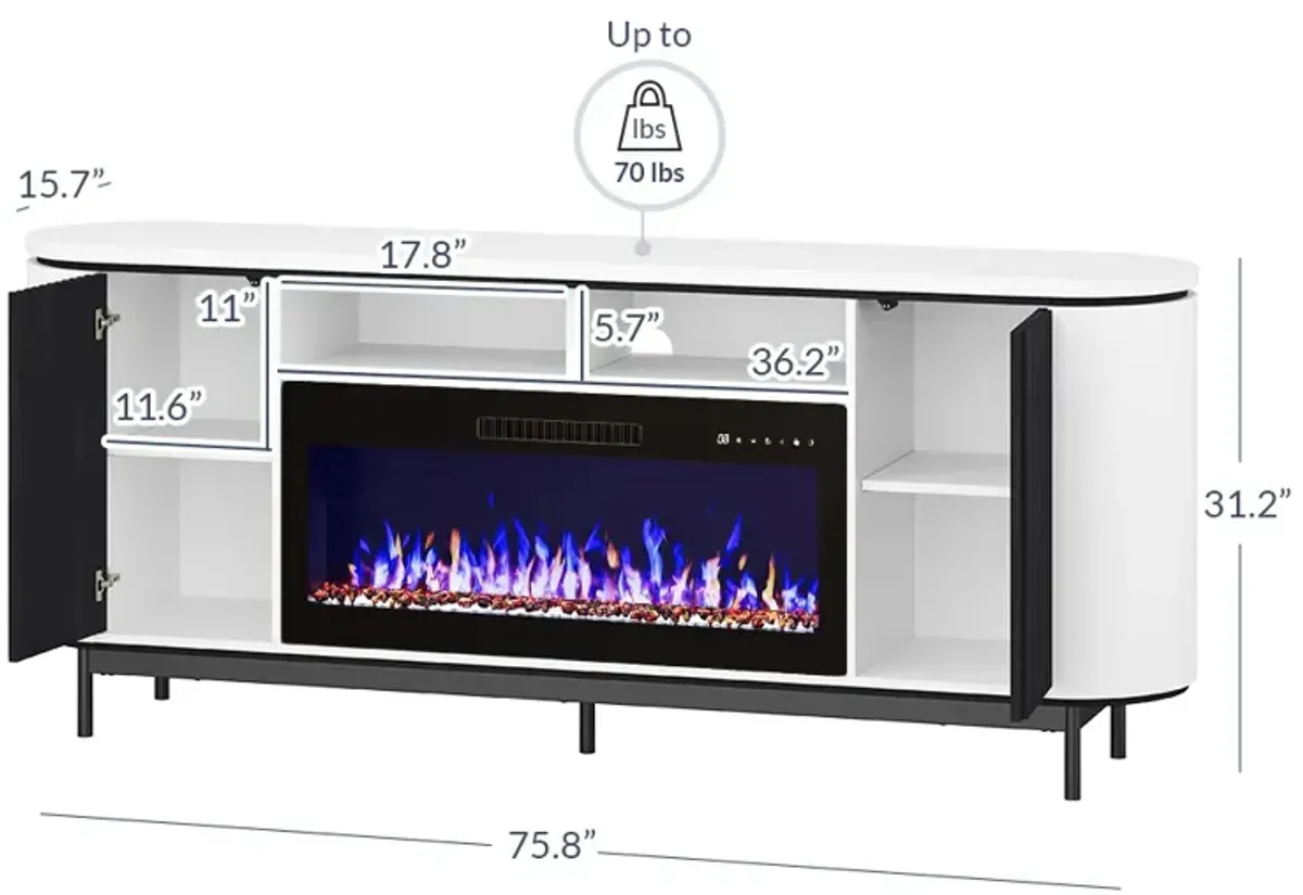 BELLEZE 76" Fluted TV Stand with 36" Electric Fireplace, Large Entertainment Center with Storage for TVs up to 80", Modern Media Console TV Cabinet for Living Room and Bedroom, White