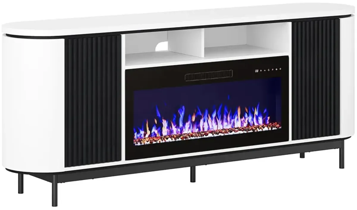 BELLEZE 76" Fluted TV Stand with 36" Electric Fireplace, Large Entertainment Center with Storage for TVs up to 80", Modern Media Console TV Cabinet for Living Room and Bedroom, White