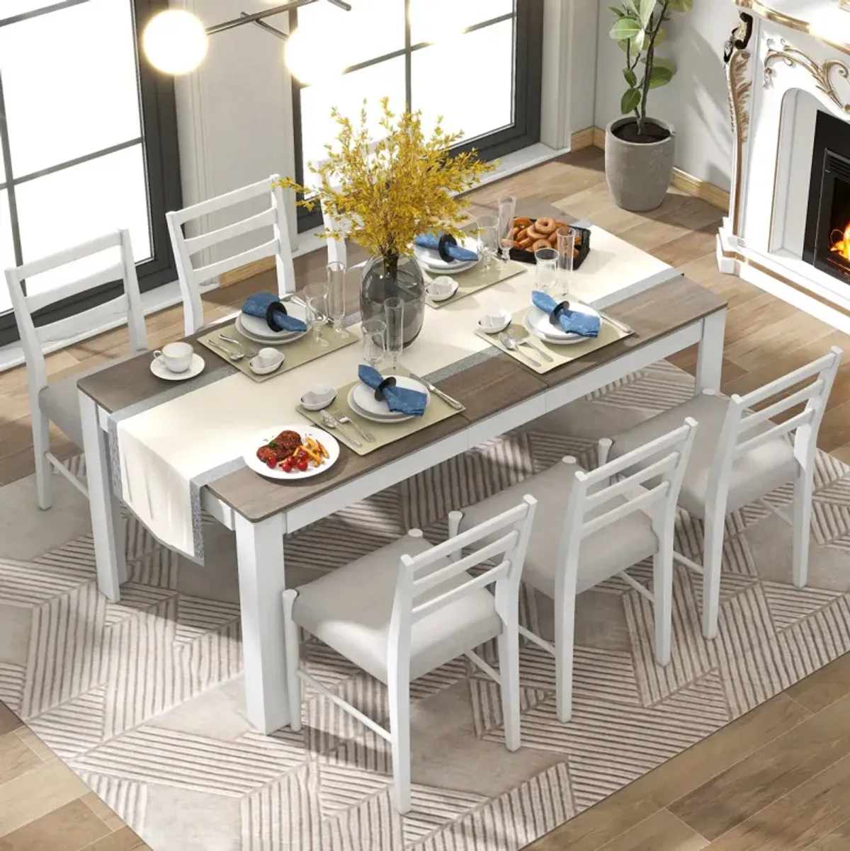 7-Piece Wooden Dining Table Set Mutifunctional Extendable Table With 12" Leaf And 2 Drawers