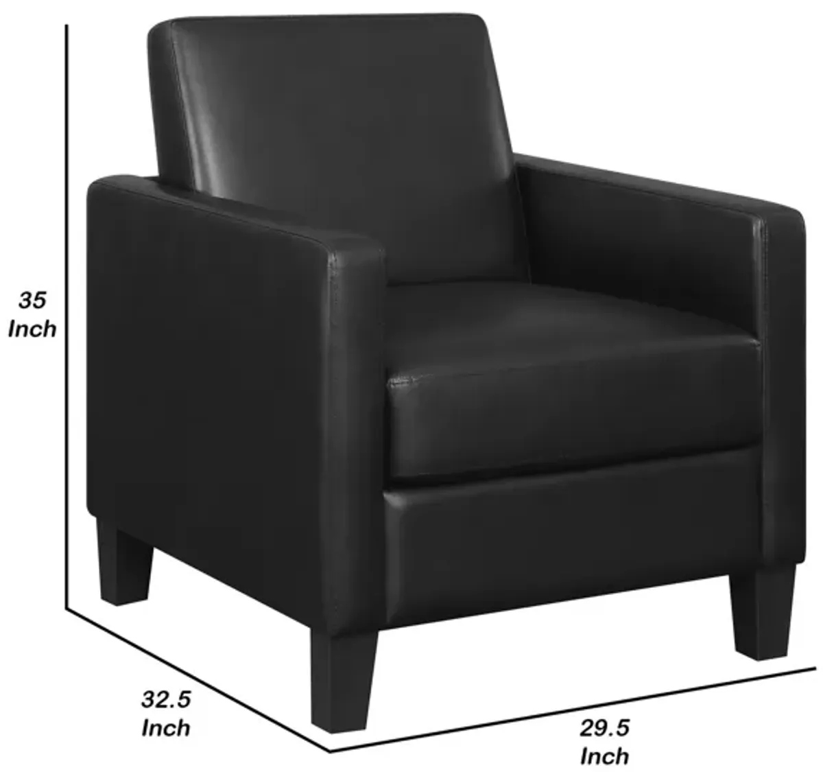 34 Inch Modern Accent Chair, Angled Back, Modern Style, Black Faux Leather-Benzara