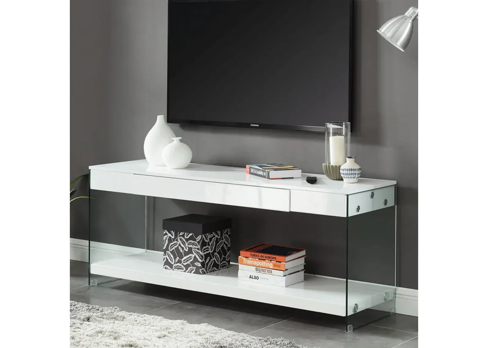 Contemporary Style Plastic TV Stand with Glass Side Panels, White-Benzara